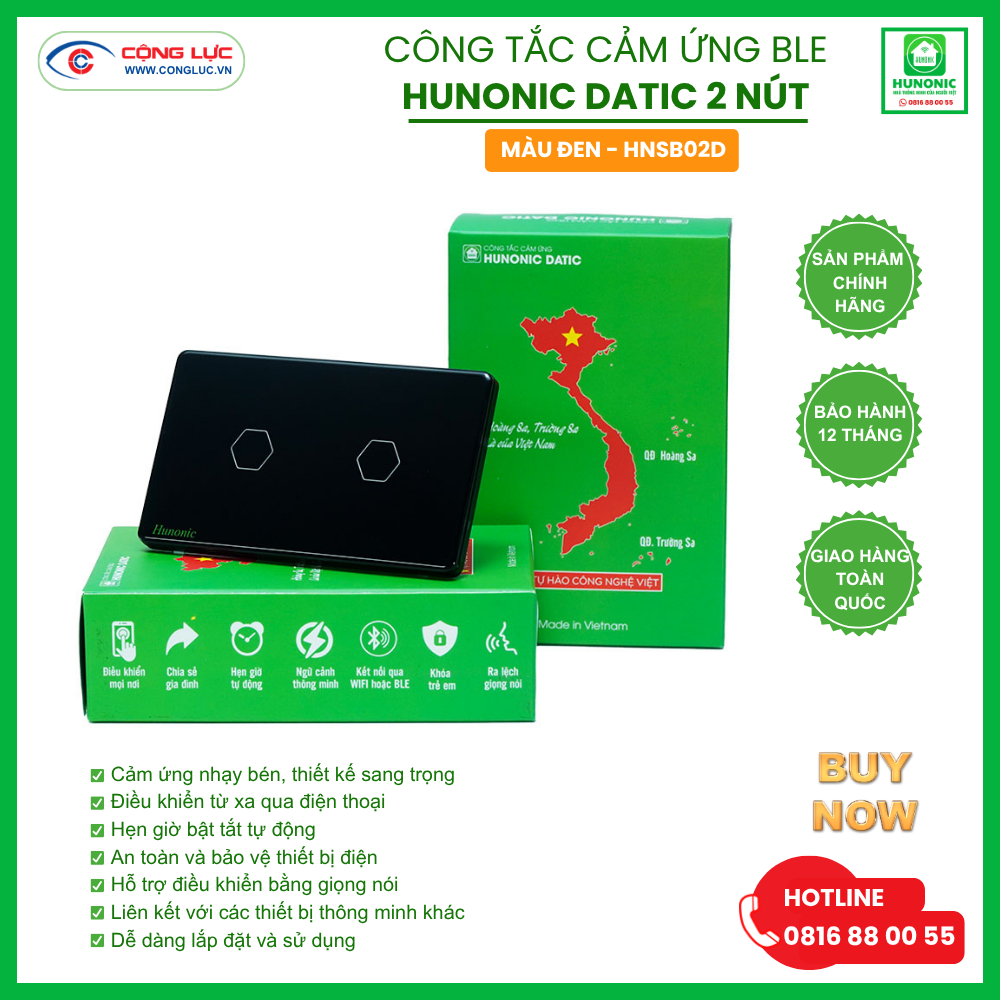 Công Tắc Cảm Ứng 2 Nút BLE Hunonic Datic Màu Đen