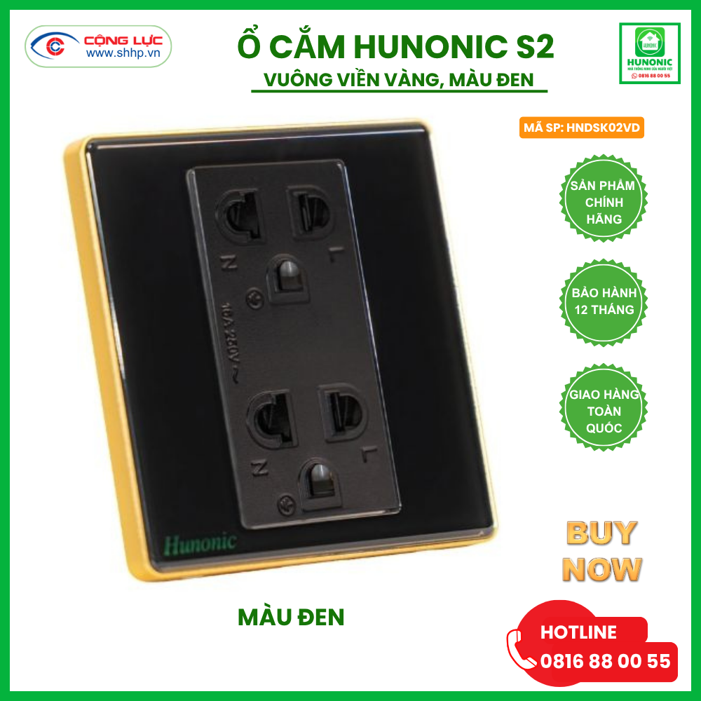 Ổ Cắm Hunonic S2 Có Tiếp Địa Viền Vàng Hình Vuông, Màu Đen