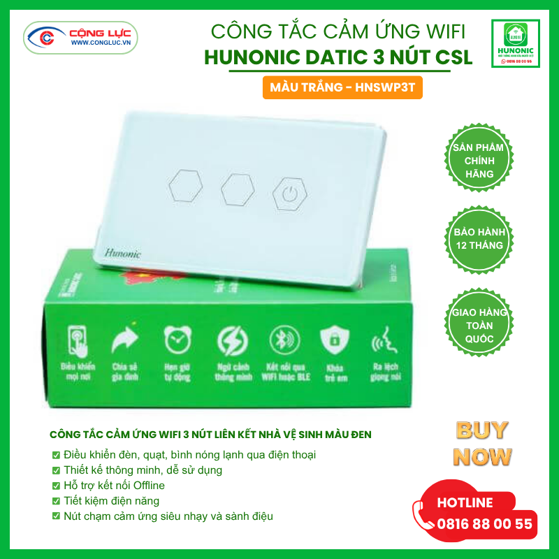 Công Tắc Wifi 3 Nút Liên Kết Nhà Vệ Sinh Thông Minh Màu Trắng