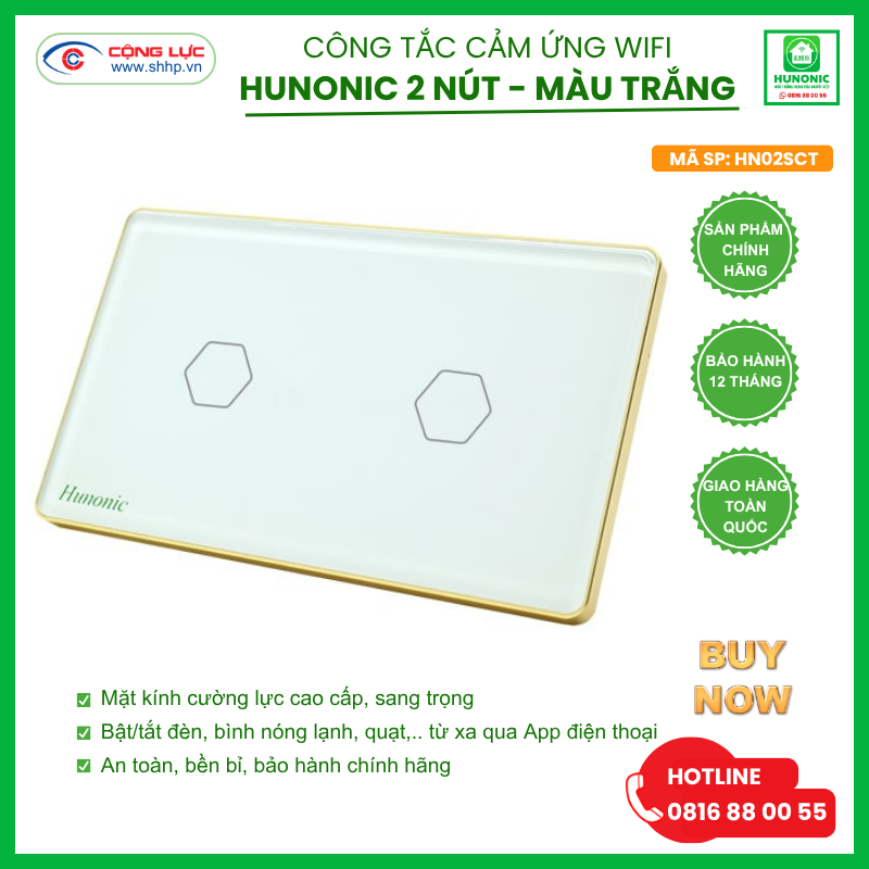 Công tắc Hunonic Wifi 2 nút hình chữ nhật màu trắng