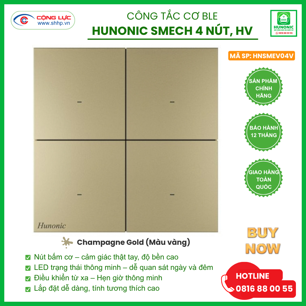 Công tắc Cơ BLE Hunonic Smech 4 Nút, HV, màu Vàng