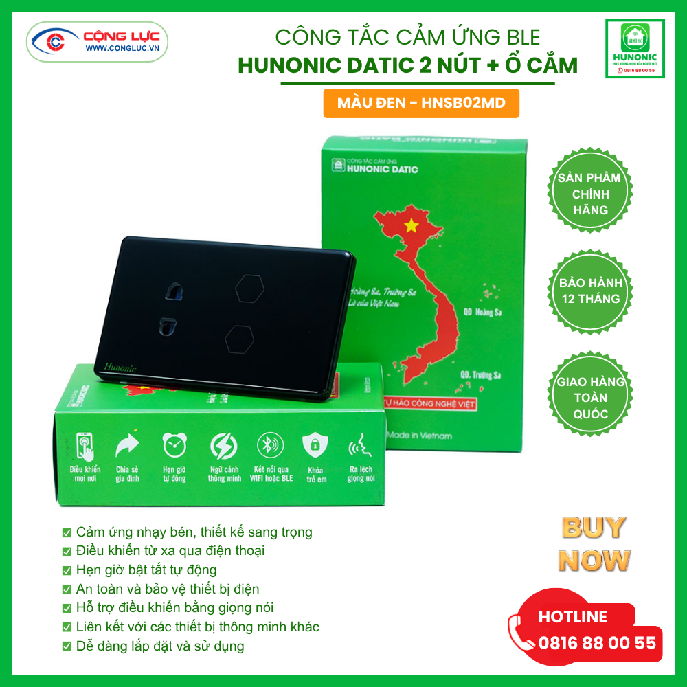 Công Tắc Cảm Ứng 2 Nút 1 Ổ Cắm BLE Hunonic Datic Màu Đen
