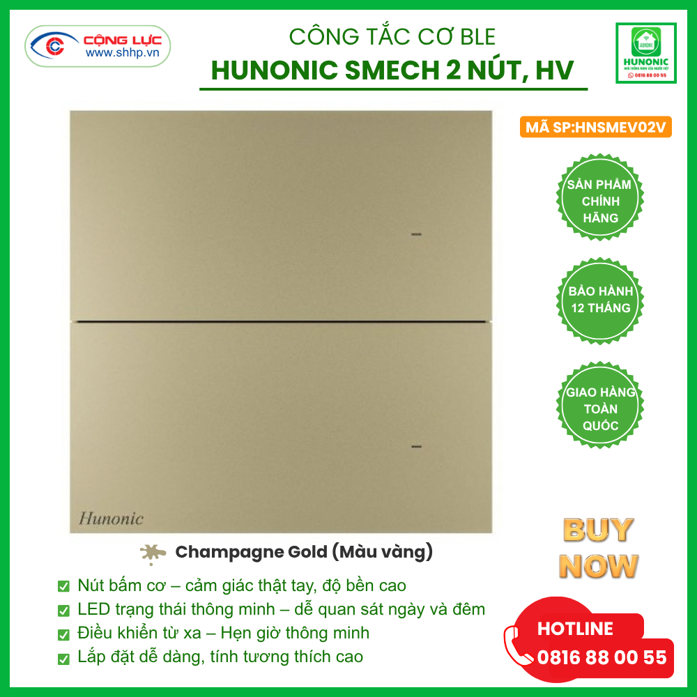 Công tắc Cơ BLE Hunonic Smech 2 Nút, HV, màu Vàng