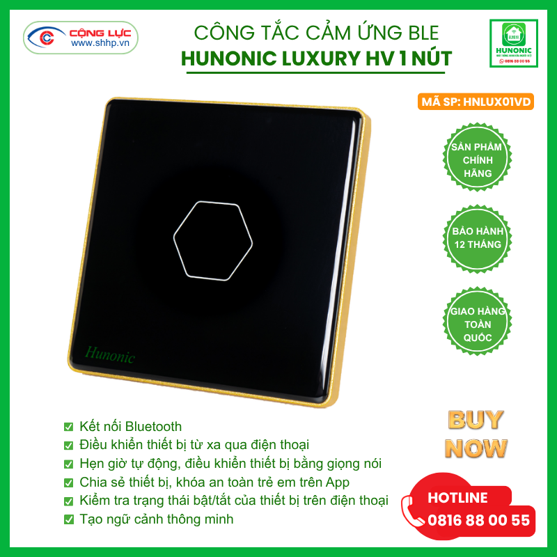 Công tắc Hunonic Luxury 1 nút hình vuông màu đen