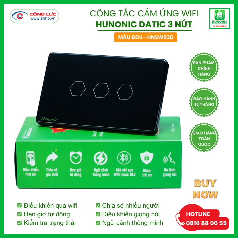 Công tắc cảm ứng Datic 3 nút màu đen