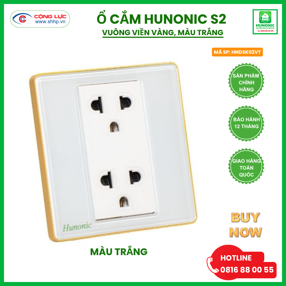 Ổ Cắm Hunonic S2 Có Tiếp Địa Viền Vàng Hình Vuông, Màu Trắng