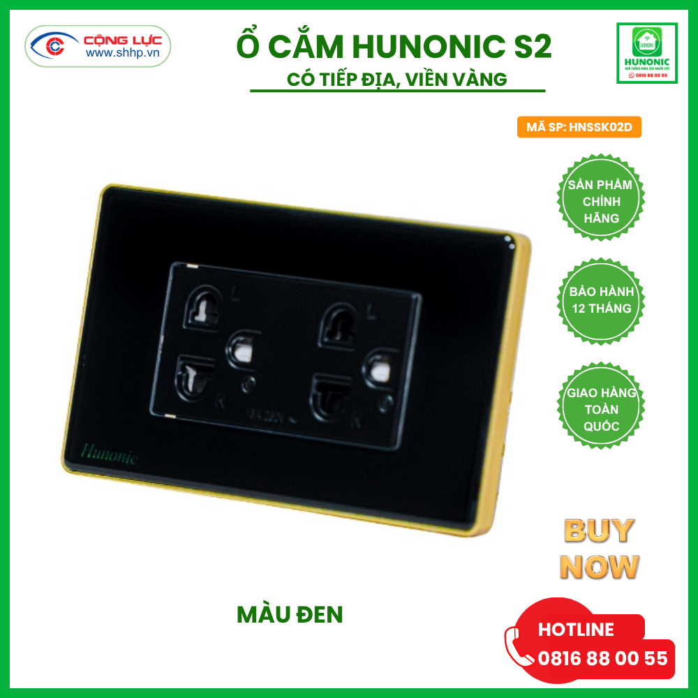 Ổ Cắm Hunonic S2 Có Tiếp Địa Viền Vàng Hình Chữ Nhật, Màu Đen