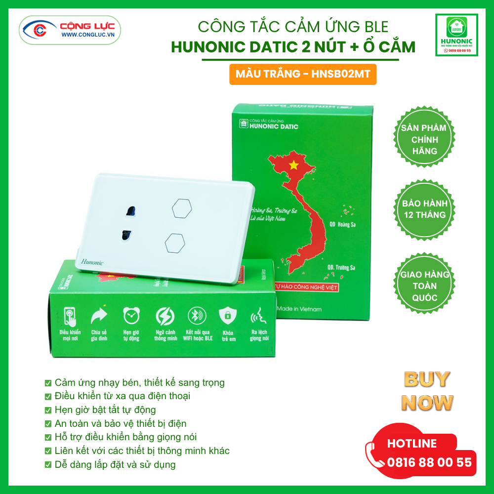 Công Tắc Cảm Ứng 2 Nút 1 Ổ Cắm BLE Hunonic Datic Màu Trắng