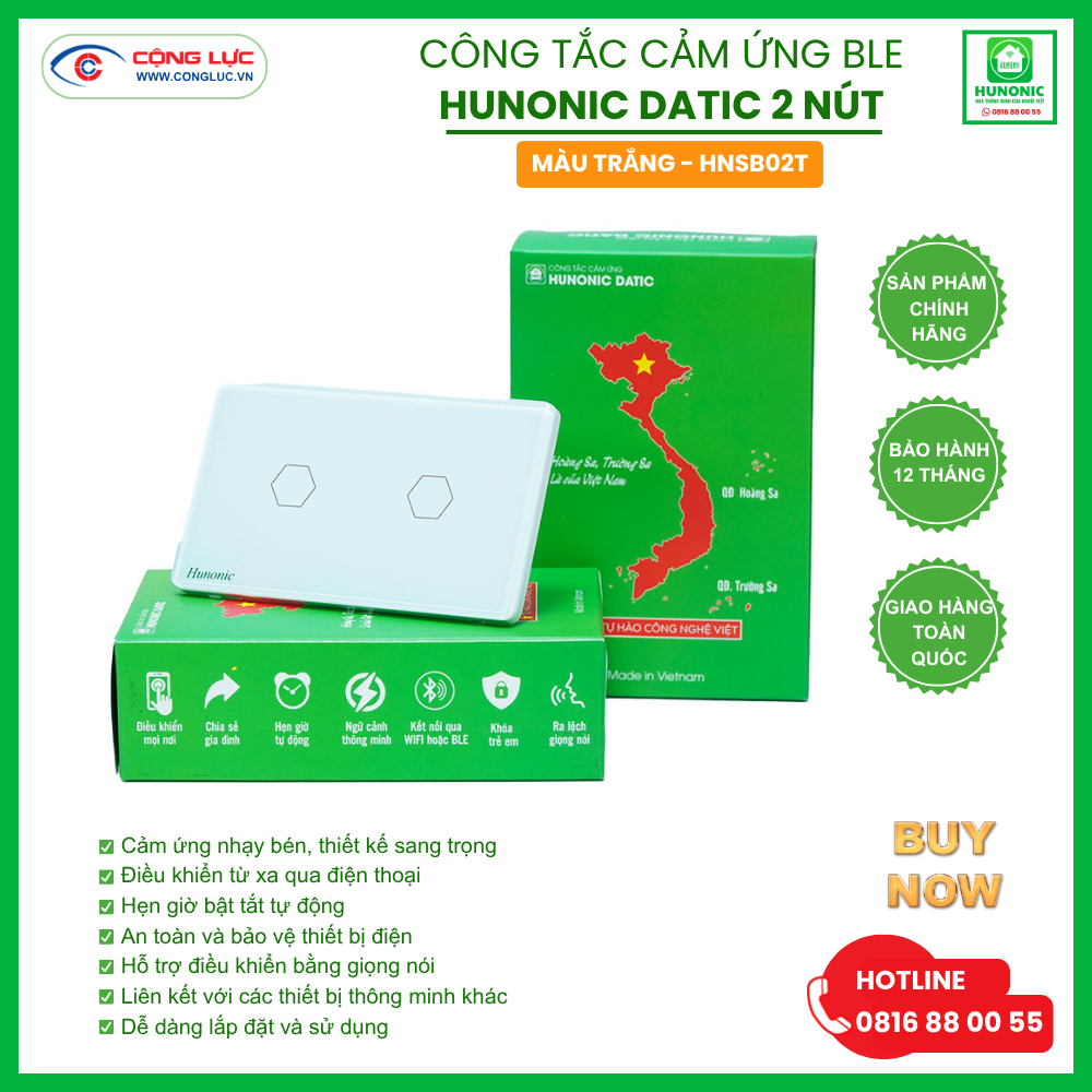 Công Tắc Cảm Ứng 2 Nút BLE Hunonic Datic Màu Trắng