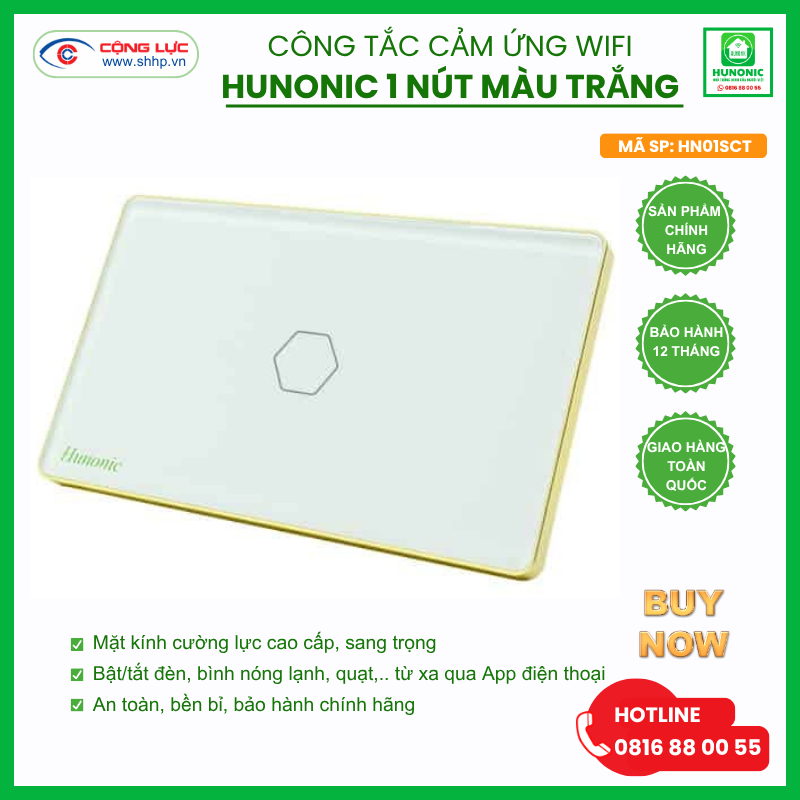 Công tắc Hunonic Wifi 1 nút hình chữ nhật màu trắng