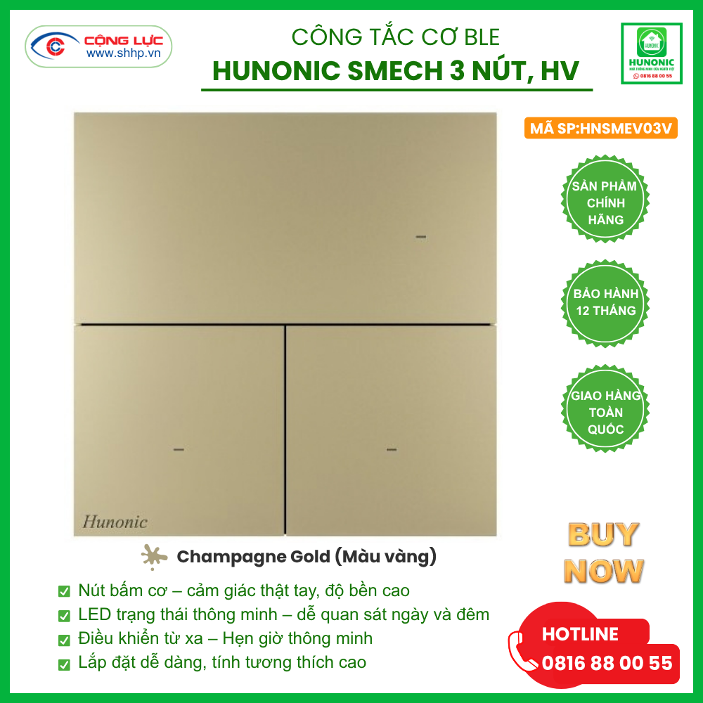Công tắc Cơ BLE Hunonic Smech 3 Nút, HV, màu Vàng