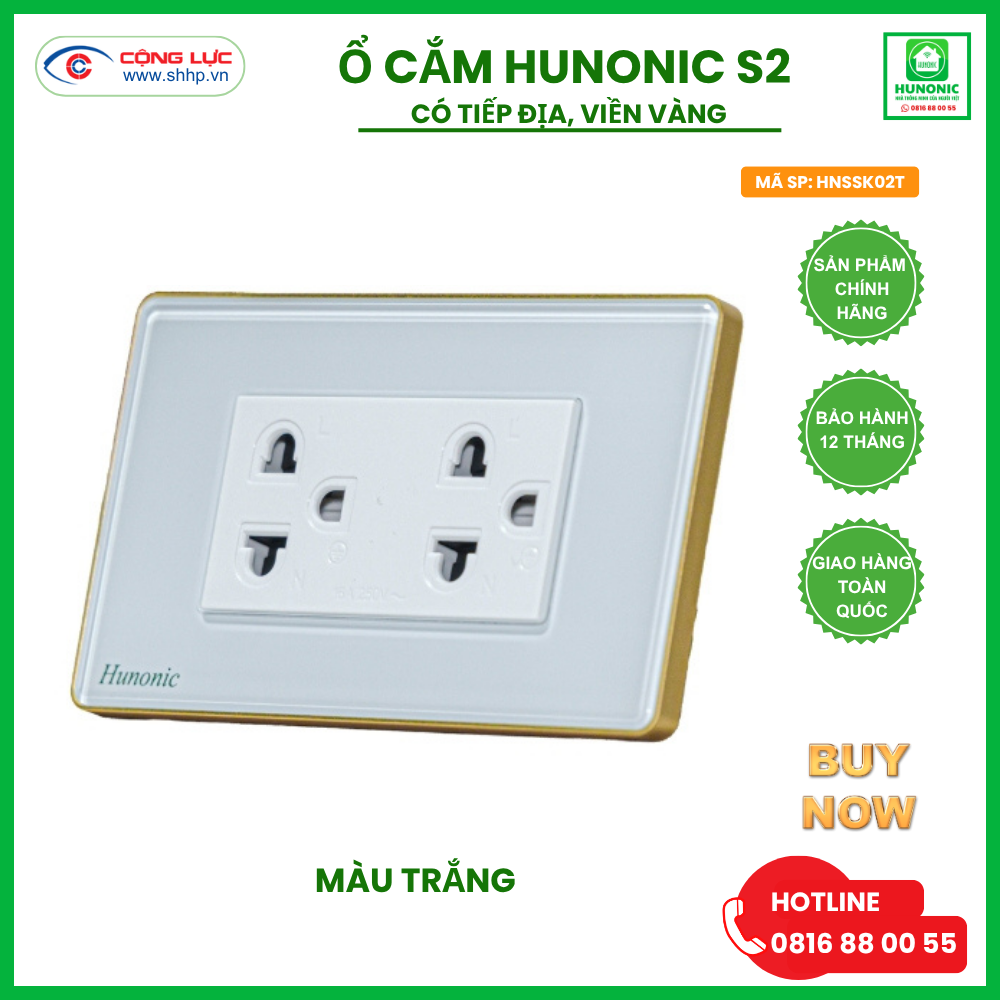 Ổ Cắm Hunonic S2 Có Tiếp Địa Viền Vàng Hình Chữ Nhật, Màu Trắng
