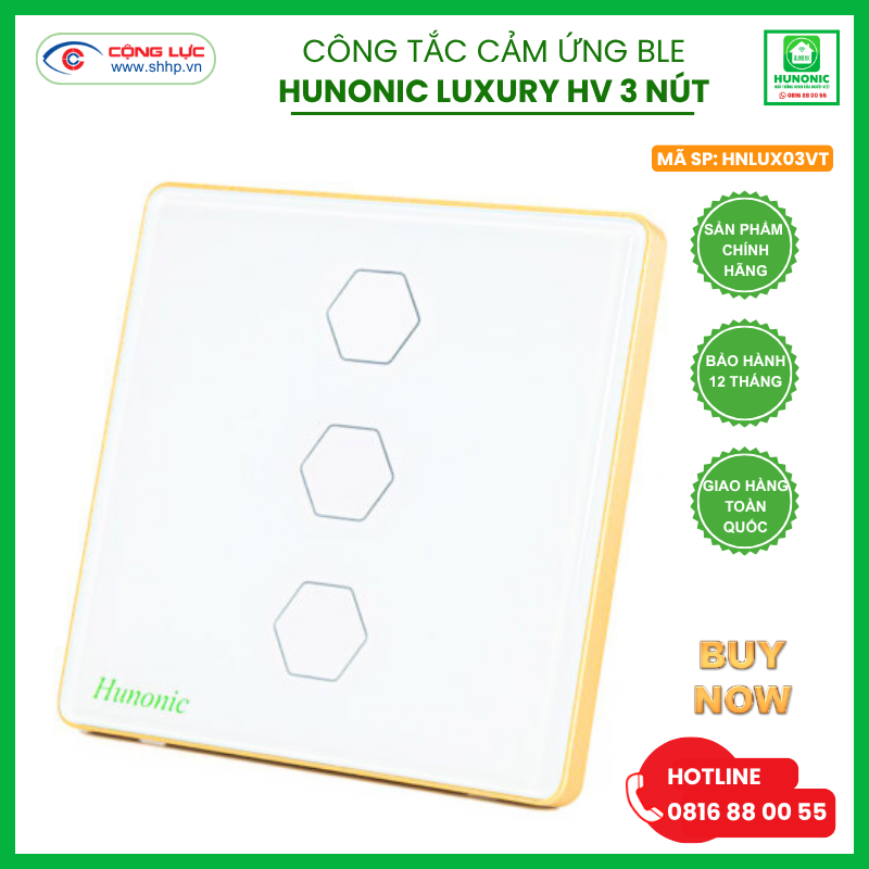 Công tắc Hunonic Luxury 3 nút hình vuông màu trắng