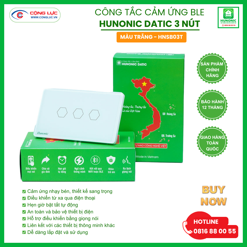 Công Tắc Cảm Ứng 3 Nút BLE Hunonic Datic Màu Trắng