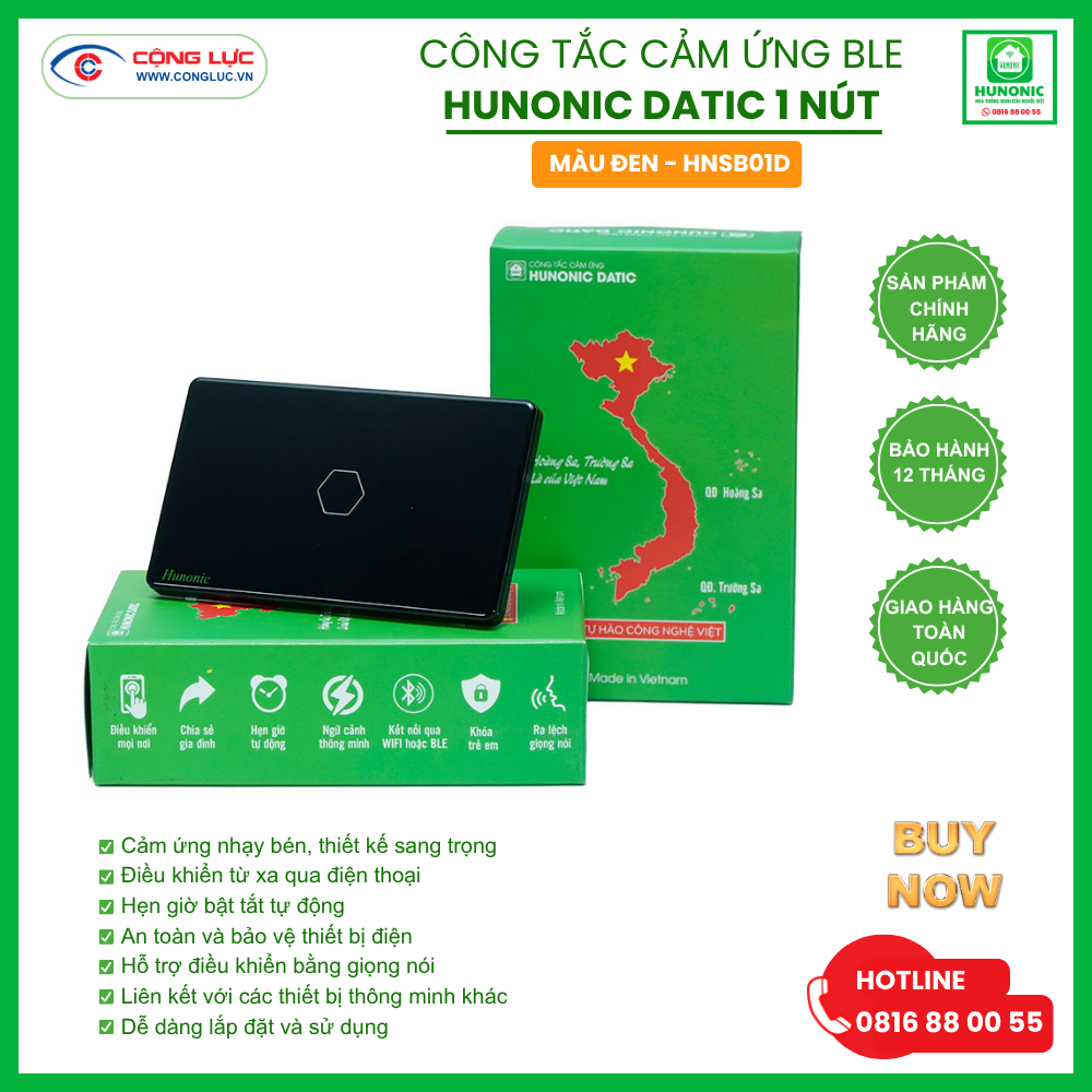 Công Tắc Cảm Ứng 1 Nút BLE Hunonic Datic Màu Đen