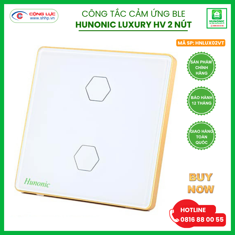 Công tắc Hunonic Luxury 2 nút hình vuông màu trắng