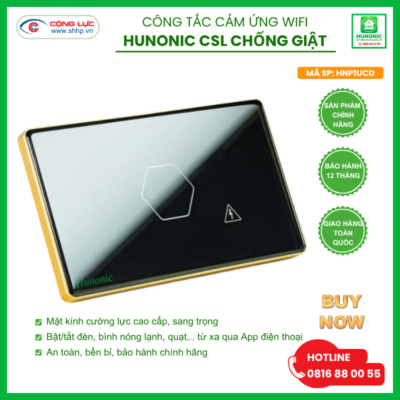 Công tắc cảm ứng WiFi Hunonic CSL Chống Giật, HCN, màu Đen