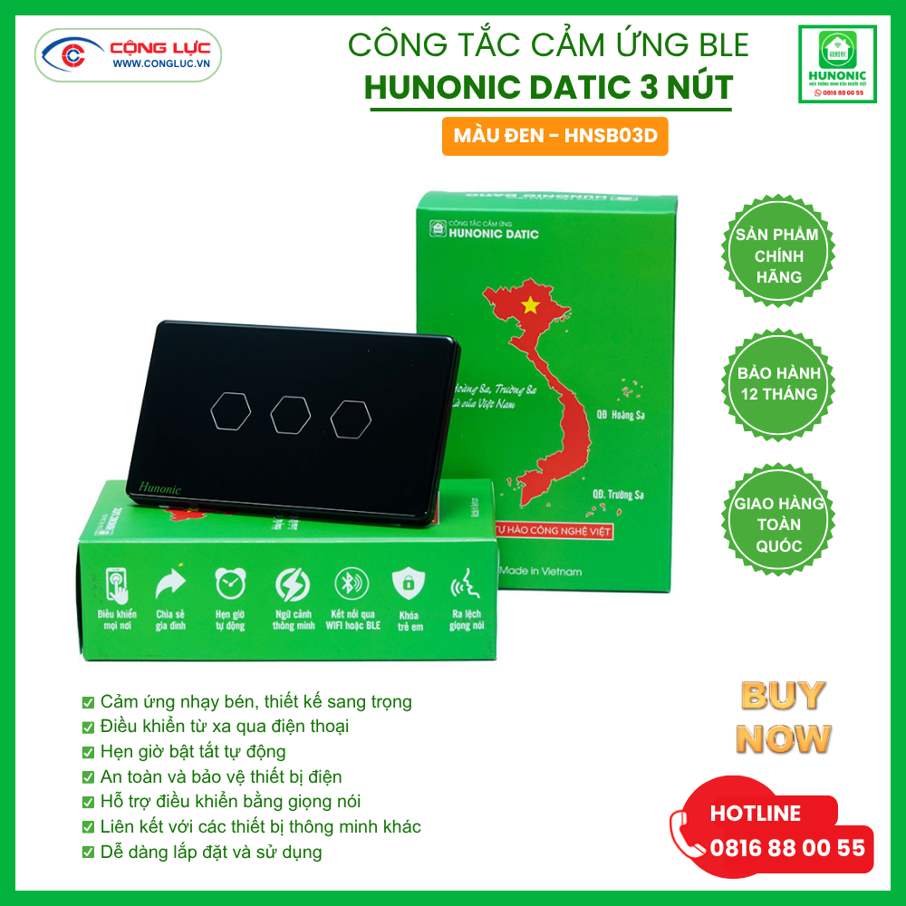 Công Tắc Cảm Ứng 3 Nút BLE Hunonic Datic Màu Đen