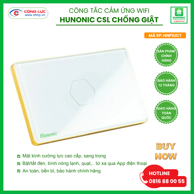 Công tắc cảm ứng WiFi Hunonic CSL Chống Giật, HCN, màu Trắng