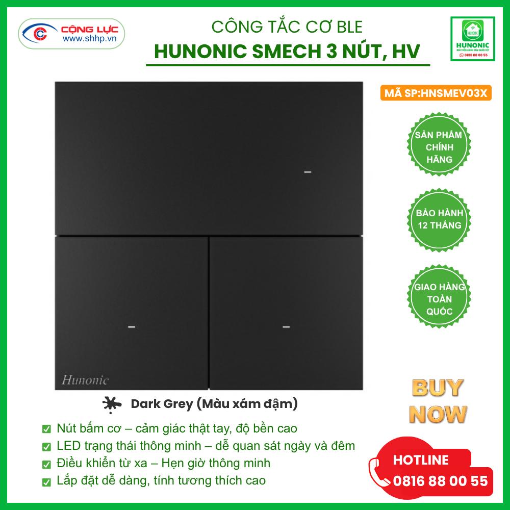 Công tắc Cơ BLE Hunonic Smech 3 Nút, HV, màu Xám