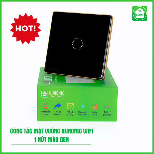 Công tắc Hunonic Wifi 1 nút hình vuông màu đen