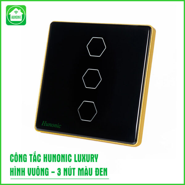 Công tắc Hunonic Luxury 3 nút hình vuông màu đen