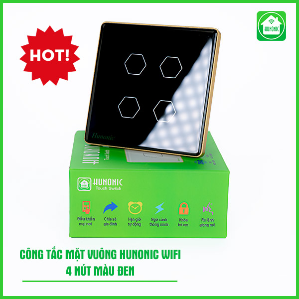 Công tắc Hunonic Wifi 4 nút hình vuông màu đen