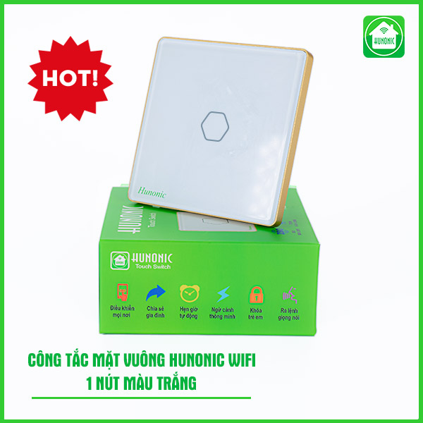 Công tắc Hunonic Wifi 1 nút hình vuông màu trắng