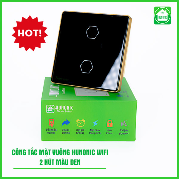 Công tắc Hunonic Wifi 2 nút hình vuông màu đen