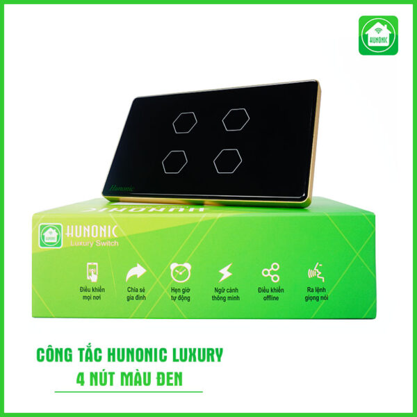 Công tắc Hunonic Luxury 4 nút hình chữ nhật màu đen
