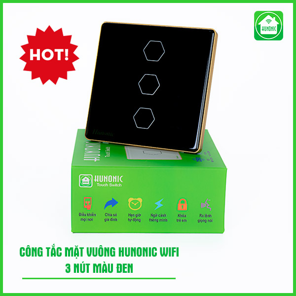Công tắc Hunonic Wifi 3 nút hình vuông màu đen
