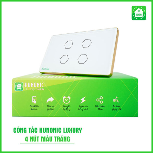 Công tắc Hunonic Luxury 4 nút hình chữ nhật màu trắng