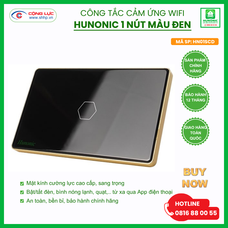 Công tắc Hunonic Wifi 1 nút hình chữ nhật màu đen