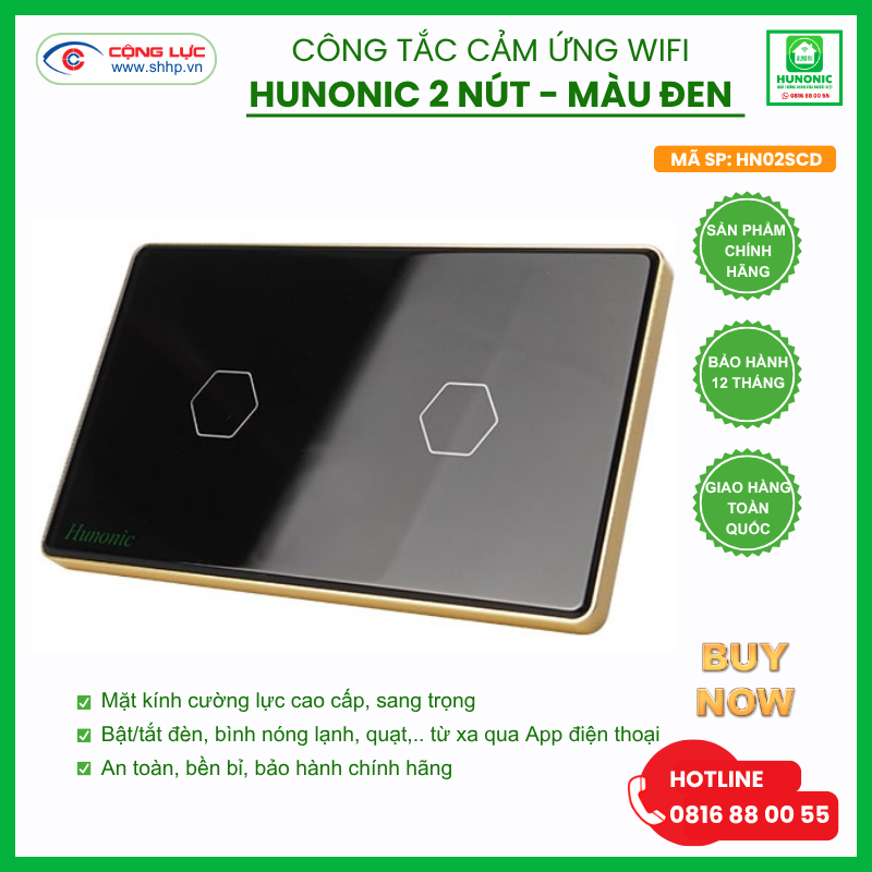 Công tắc Hunonic Wifi 2 nút hình chữ nhật màu đen