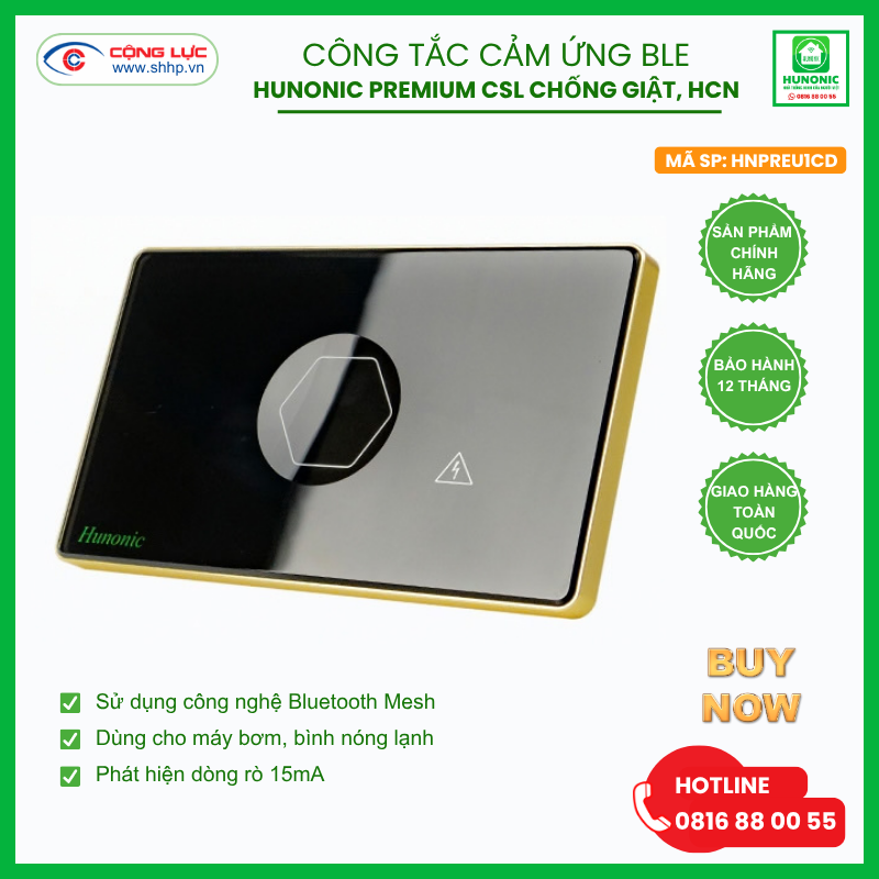 Công tắc cảm ứng BLE chống giật Hunonic Premium hình chữ nhật