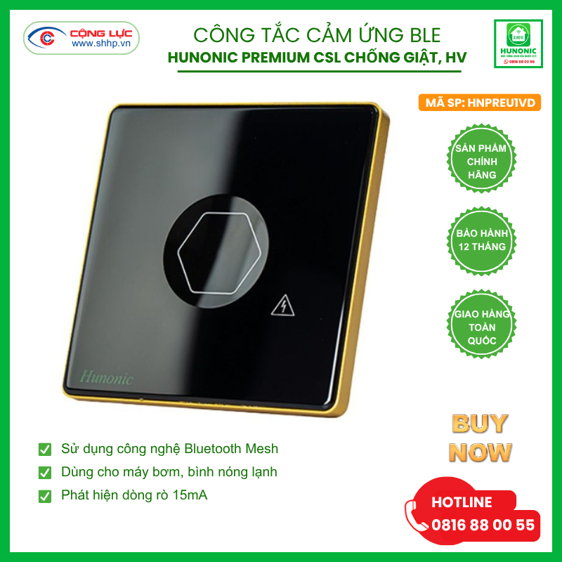 Công tắc cảm ứng BLE Hunonic Premium CSL Chống Giật, Hình Vuông