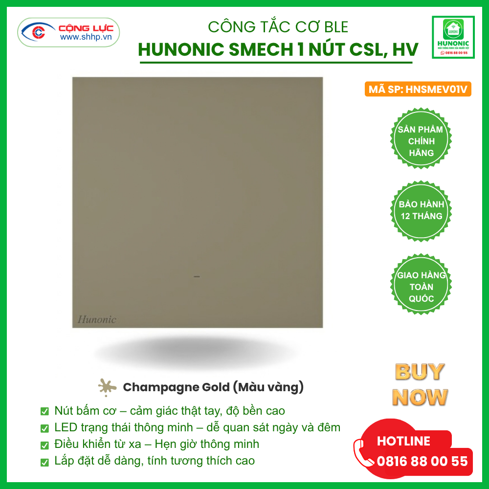 Công tắc Cơ BLE Hunonic Smech 1 Nút CSL, HV, màu Vàng