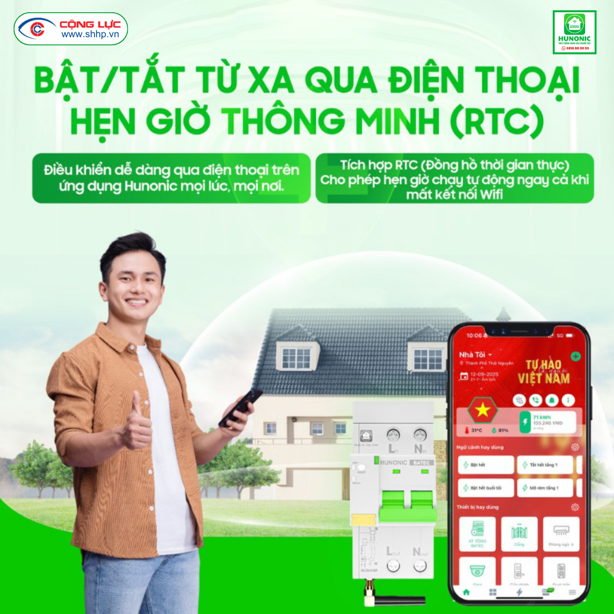 Aptomat chống giật Hunonic Batec bật tắt từ xa qua điện thoại