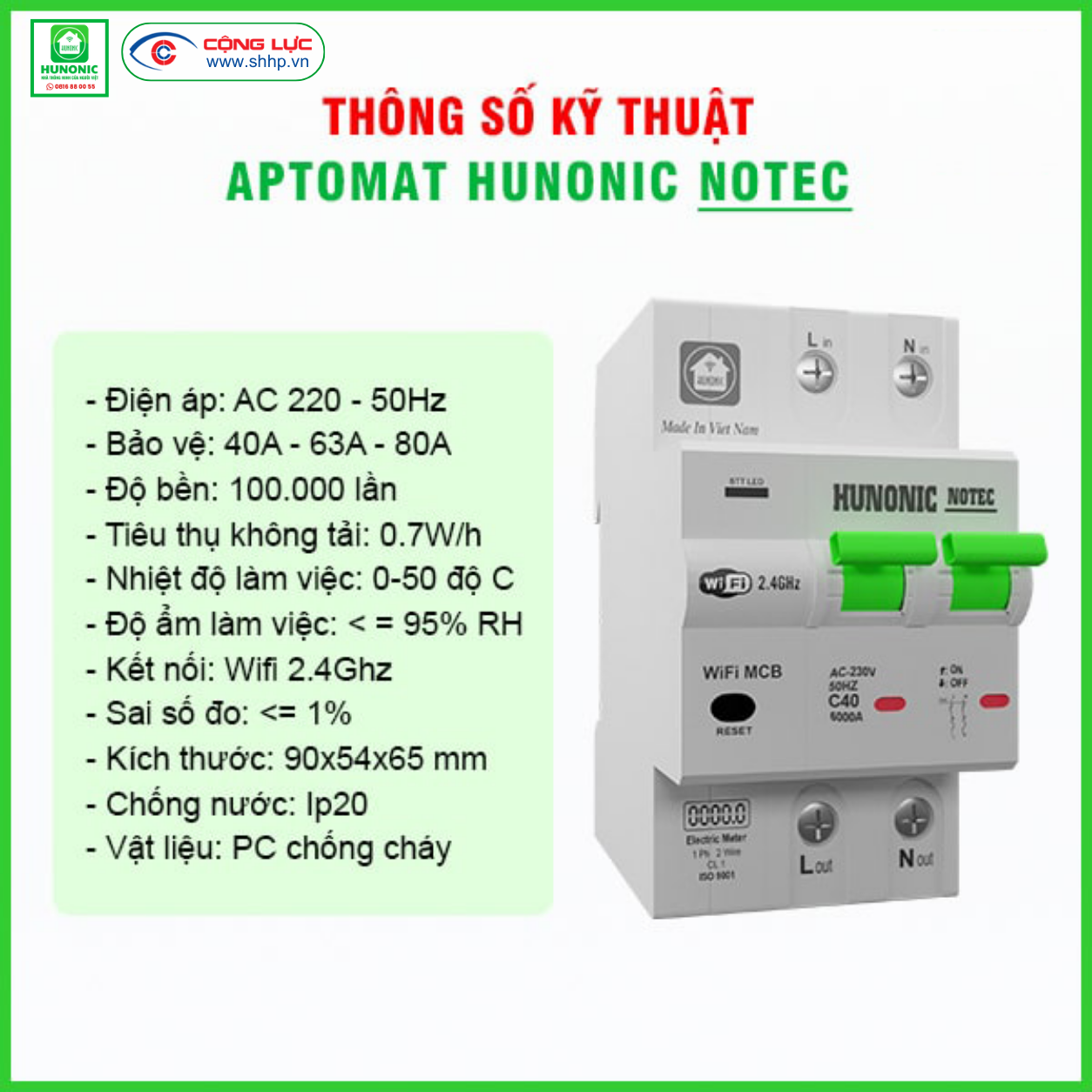Aptomat Wifi đo năng lượng Hunonic Notec 40A
