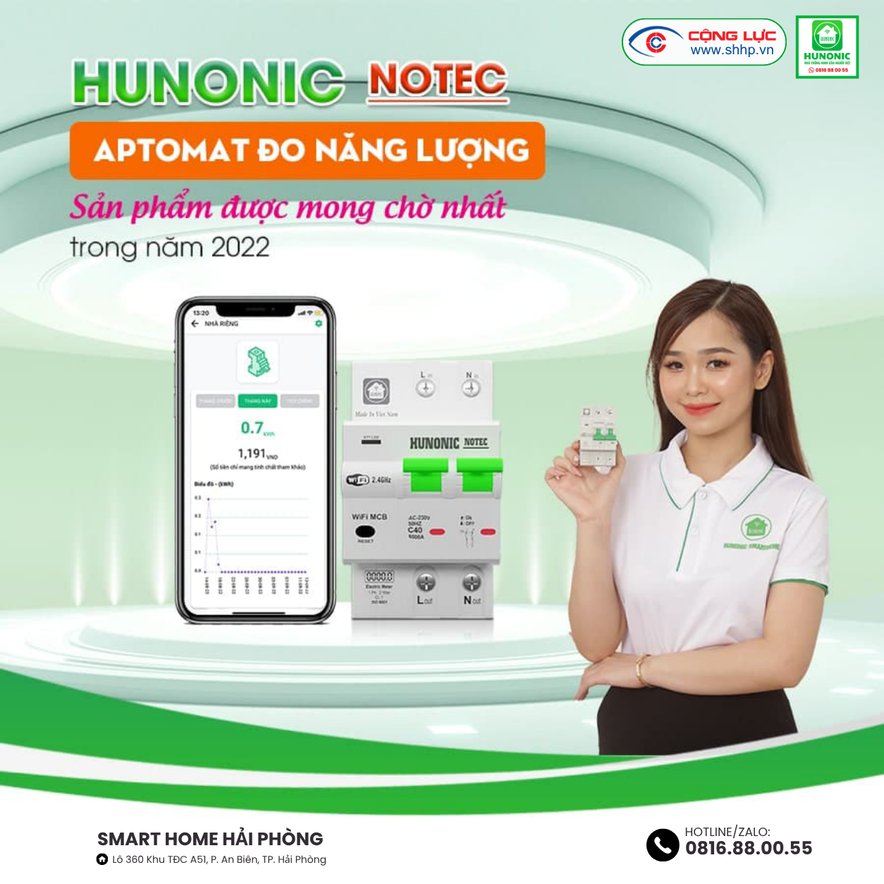 Aptomat Wifi đo năng lượng Hunonic Notec 40A