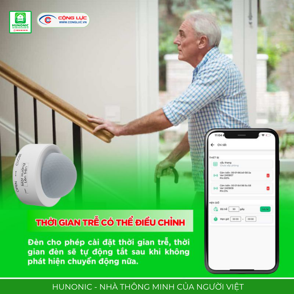 Cảm biến cầu thang BLE Hunonic điều chỉnh thời gian trễ linh hoạt