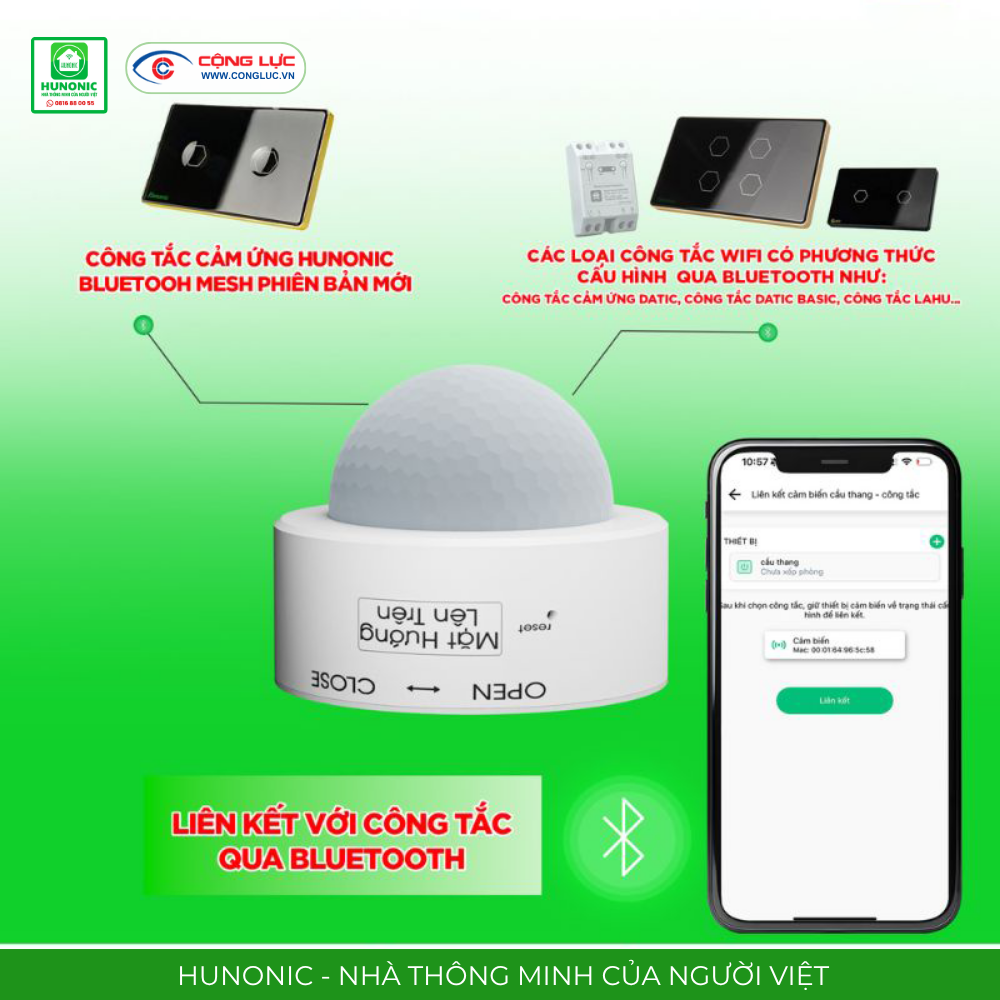 Cảm biến cầu thang BLE Hunonic kết nối trực tiếp với công tắc cảm ứng