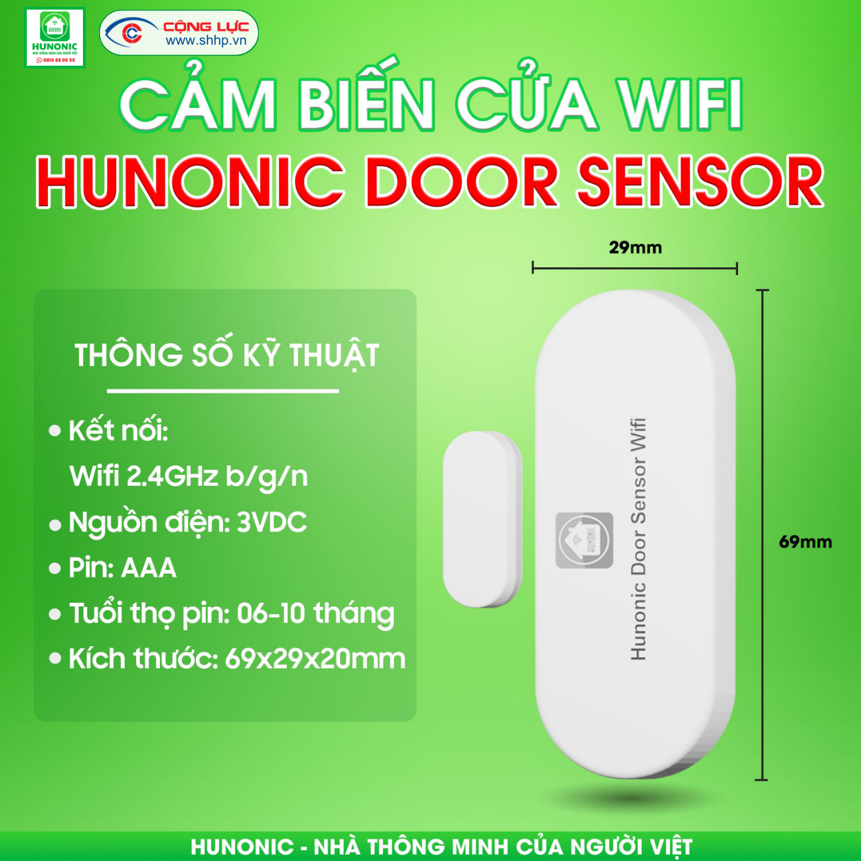 thông số kỹ thuật Cảm biến cửa wifi Hunonic Door Sensor