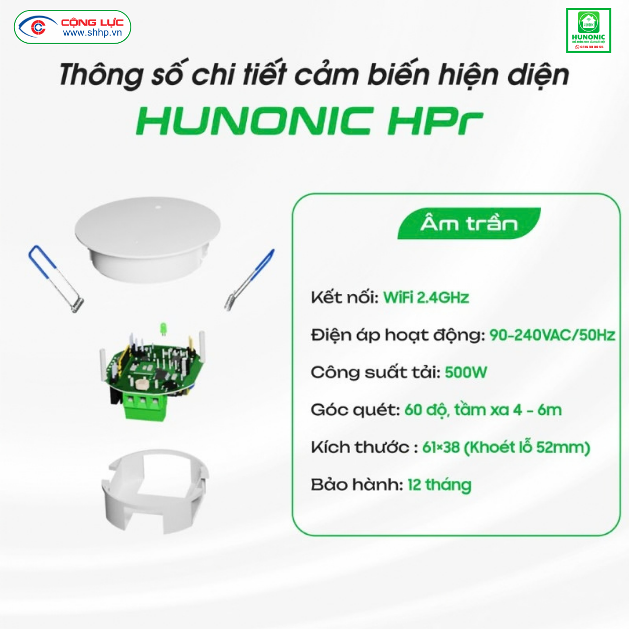 Thông số kỹ thuật cảm biến hiện diện wifi âm trần Hunonic tại Hải Phòng