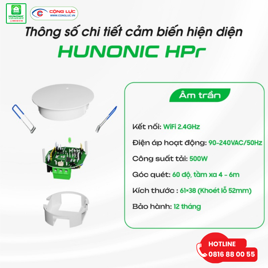 Thông số kỹ thuật cảm biến hiện diện wifi âm trần Hunonic tại Hải Phòng