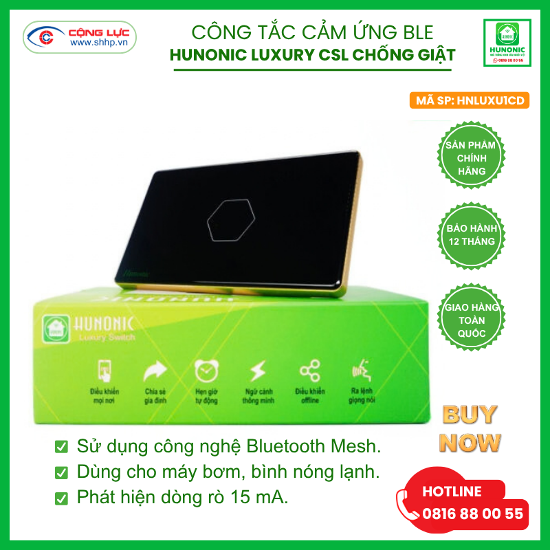 Bán công tắc cảm ứng BLE Hunonic CSL chống giật hình chữ nhật màu đen tại hải Phòng