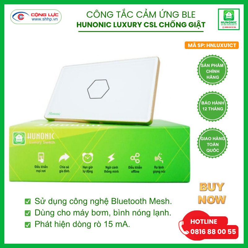 Bán công tắc cảm ứng BLE Hunonic CSL chống giật hình chữ nhật màu trắng tại hải Phòng