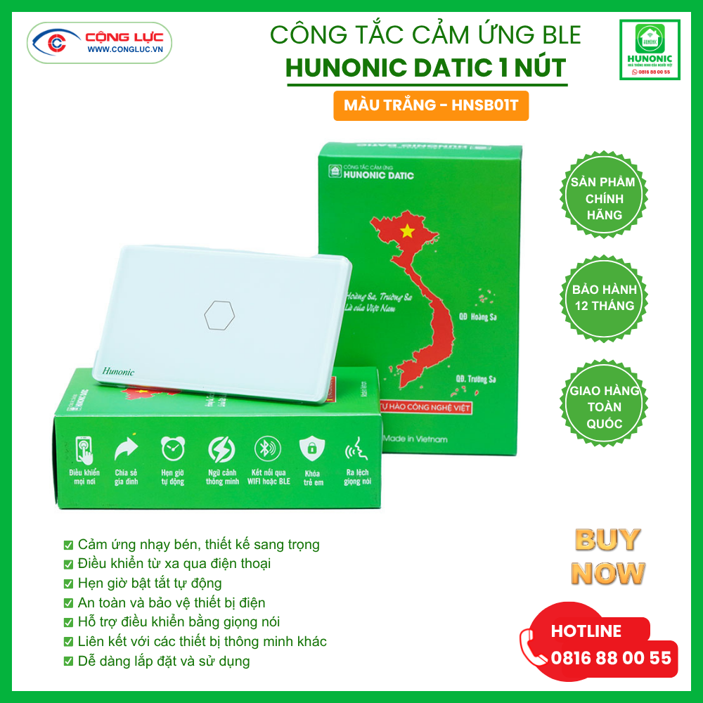 Cộng Lực bán công tắc cảm ứng BLE Hunonic Datic 1 nút màu trắng tại Hải Phòng