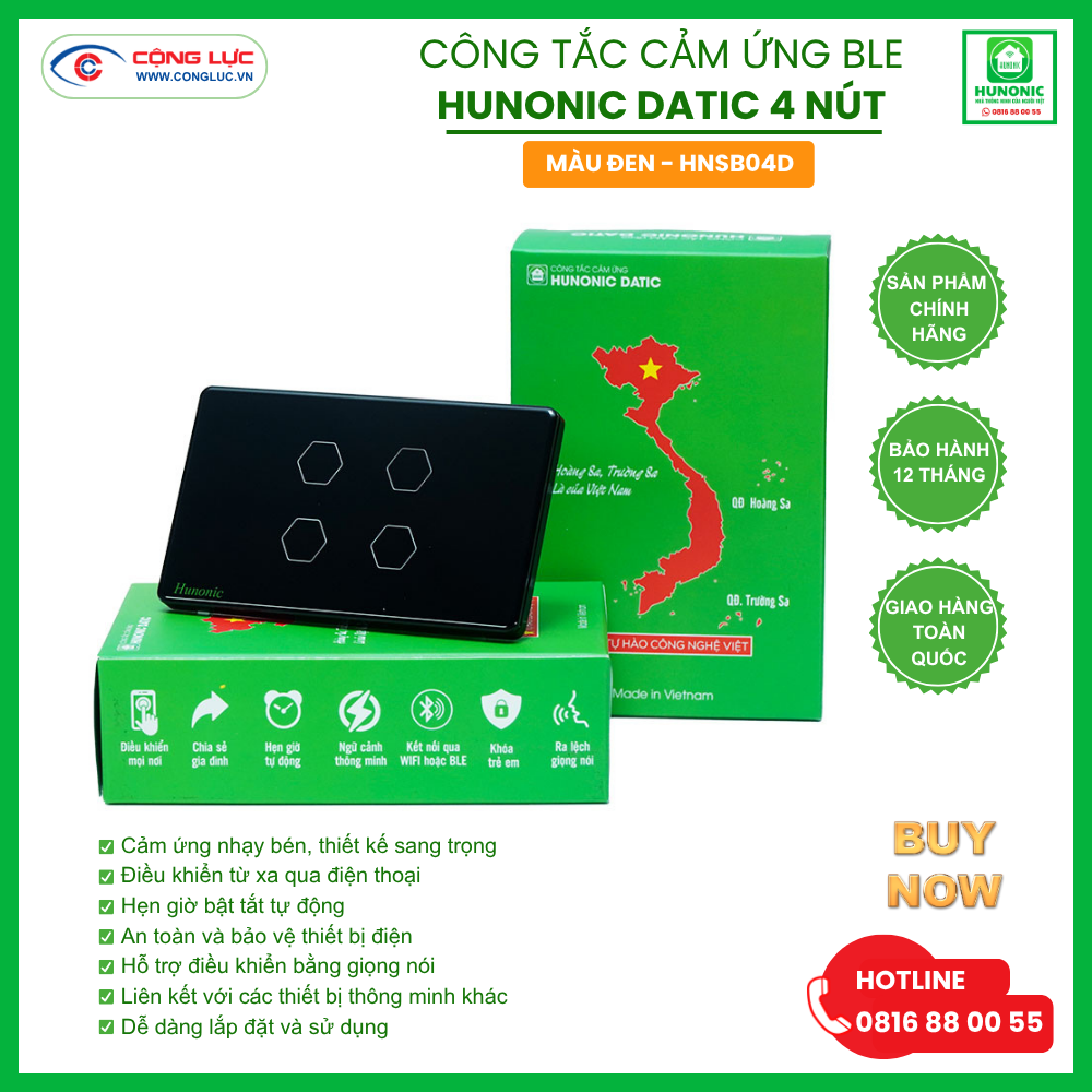 Cộng Lực bán công tắc cảm ứng BLE Hunonic Datic 4 nút màu đen tại Hải Phòng