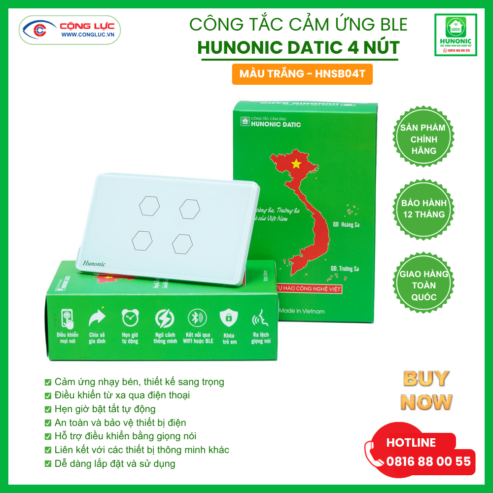 Cộng Lực bán công tắc cảm ứng BLE Hunonic Datic 4 nút màu trắng tại Hải Phòng